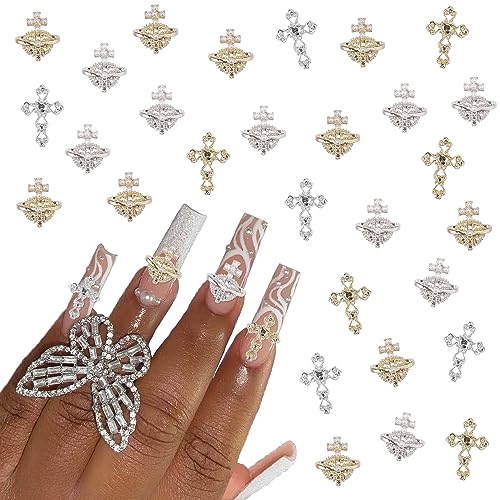 30 Pcs Nail Charms y2k Styles, Planet & Cross Nail Art Charms Gold Silver Nail Jewelry Decorations Pearl Saturn Shape Nail Gems Acrylic Nail Accessories for Women Girl DIY Crafts Supplies