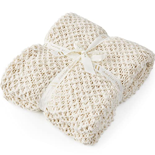 Amélie Home Chunky Knit Throw Blanket Handmade Crochet Honeycomb Chunky Knit Blanket Soft Fluffy Textured Mulberry Woven Luxury Throw for Farmhouse Throws for Couch Sofa Bed (Cream,50x 60)