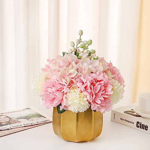 NAWEIDA Artificial Flowers in Vase,Faux Hydrangea Flower Arrangements for Home Office Decoration, Dining Table Centerpiece-Pink