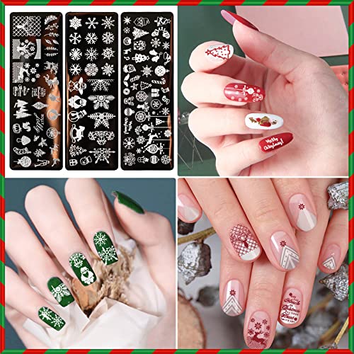 JUNEBRUSHS 10Pcs Christmas Nail Stamping Plates, 6Pcs Nail Art Templates 2 Nail Stamper 2 Scraper with Snowflakes Snowman Santa Xmas Tree Ball Elk Nail Stencils Image Plates Tools(Christmas Style)