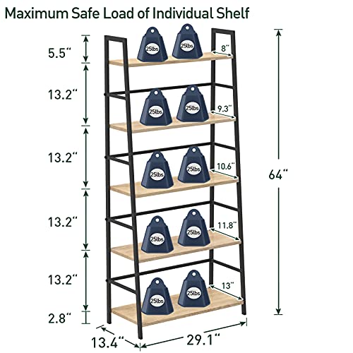 5 Tier Bookshelf Industrial Ladder Shelf Open Display Storage Rack Wood Bookcase with Metal Frame, Freestanding Storage Shelves for Home Office, Living Room, Bedroom, Kitchen