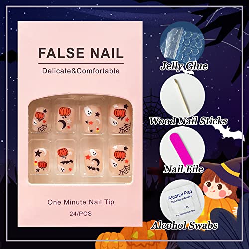 Halloween Fake Nails Short Square Cute Ghost Press on Nails Full Cover Stick on Nails with Pumpkin Moon Star Design False Nails Fall Thanksgiving Glossy Artificial Nails Acrylic Nails for Women Girls