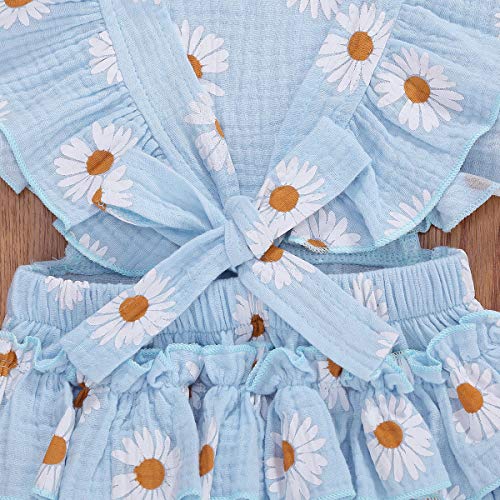 Baby Girls Daisy Playsuits Ruffled Bodysuit+Headband Print Fly Sleeve Romper Floral Jumpsuit Infant Summer Clothes (Blue,6-12 Months)