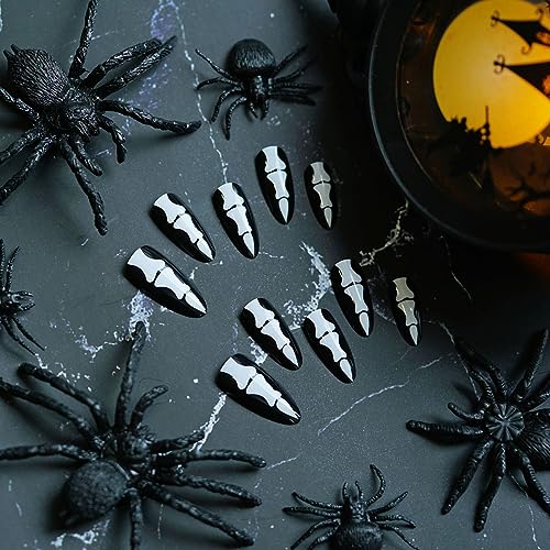 24Pcs Halloween Press on Nails Long Stiletto Skull Fake Nails Full Cover Horror Skeleton Black Nails Glossy Designs Gothic False Nails Stick on Nails for Women Girls Acrylic Nails Manicure Decorations