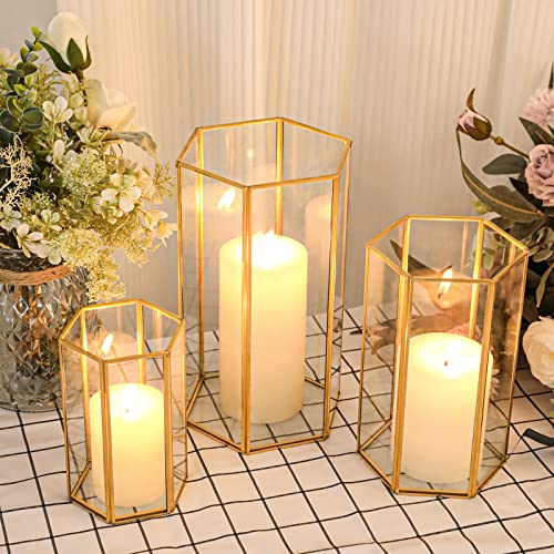 Glass Hurricane Candle Holder, Set of 3 Large Clear Hexagon Lanterns Pillar Candle Lantern with Gold Metal Frame Wedding Centerpiece Table Decor Home Decorations