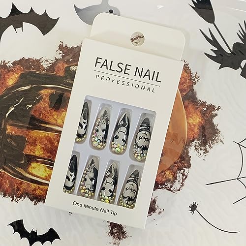 24Pcs Halloween Press on Nails Pointed Long Length, Acrylic False Nails with Ghost Clown Designs, Artificial Fake Nails for Day of The Dead, Holiday Fingernails False Glue Nails for Women