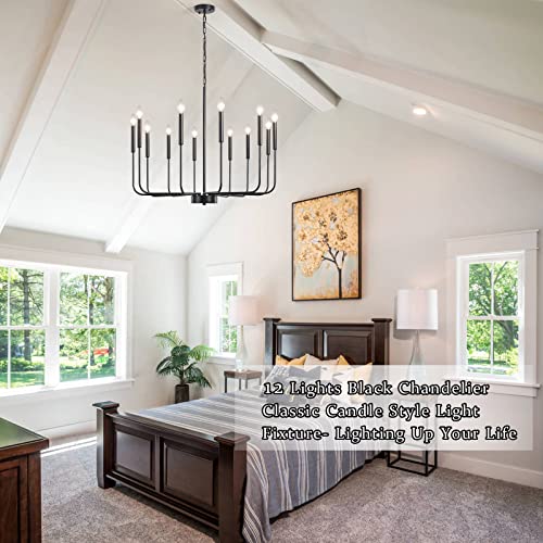 JDfeiFFF Black Chandelier 12 Light Modern Farmhouse Chandeliers for Dining Room Large Size Rustic Candle Chandelier Light Fixtures Ceiling Hanging for Living Room Kitchen Island Hallway Foyer