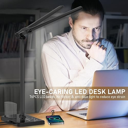 LED Desk Lamp Dimmable Table Lamp with USB Charging Port, 50 Lighting Modes, Adjustable Foldable Dual Swing Arm Architect Desk Lamp for Home Office, Eye-Caring Reading Lamp w/ Pen Holder 45min Timer