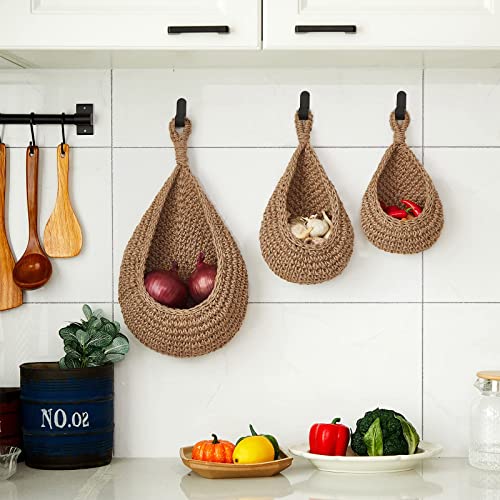 Teardrop Hanging Baskets , Onion Basket Coat Bohemian Storage Fruit Wall Hooks for Kitchen Wall Home Restaurant Garlic Vegetable Wall Planters, 3 Sizes (Linen)