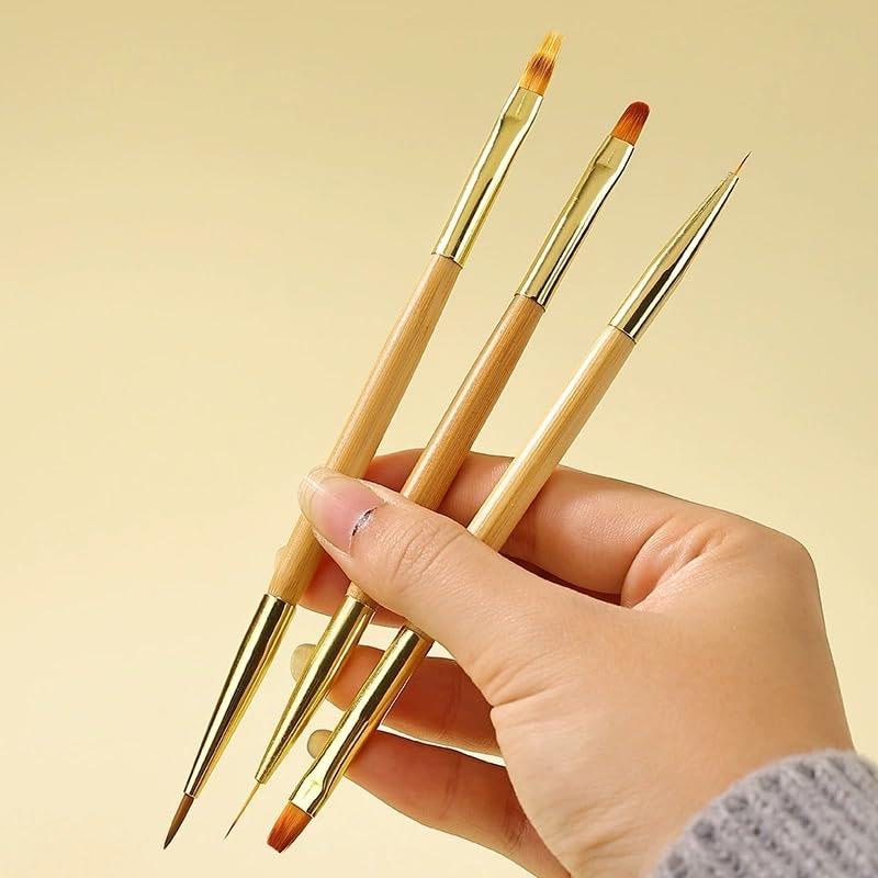 KLDKUST 3 Pcs Nail Drawing Brushes, Dual End Nail Art Pen Brush Acrylic Round Flat Painting Drawing Liner Nail Tools