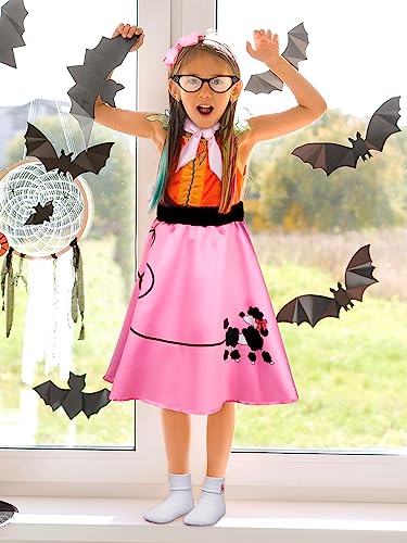 AOTHSO 6 Pieces 1950s Girls Poodle Skirt 50s Costume Accessory, Headband Glasses Scarf Socks Outfit Halloween Costume