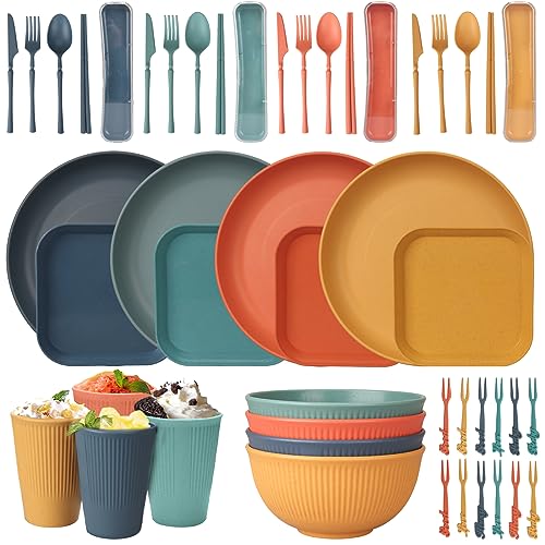 48 Pcs Dinnerware Sets, Unbreakable Plates and Bowls Sets, Reusable Dinnerware Sets for 4 People, Travel Camping Picnic Home Party Cutlery Set, Dishwasher Microwave Safe Dishes