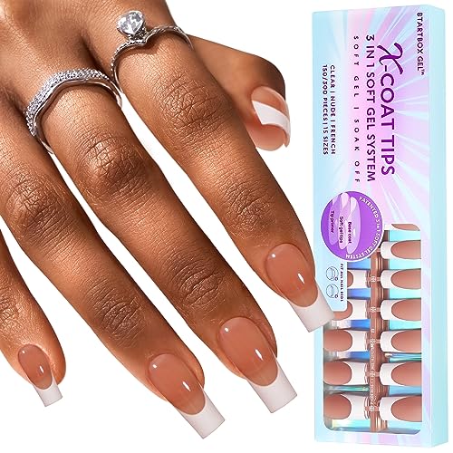 BTArtboxnails French Tip Gel Nail Tips Long Square, 300pcs Brown Soft Gel Nail Tips, Unltra Fit French Tip Press On Nails 15 Sizes, No Need to File 3 in 1 X Coat Tips with Pre-applied Tip Primer & Base Coat Cover, Soak Off French Tip Gel Nails Press On fo