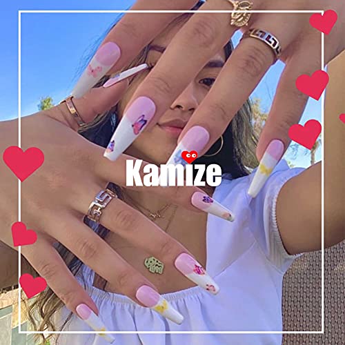 Kamize Press on Nails Long Coffin Fake Nails Ballerina Nails Acrylic Full Cover Bling Rhinestone False Nails for Women and Girls24PCS