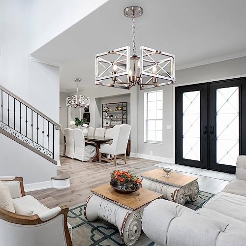 Doltoro Brushed Nickel Farmhouse Chandelier 4-Light Modern Chandelier for Dining Room Lighting Fixtures Hanging, Iron Square Frame Chandeliers for Hallway Kitchen Foyer Living Room Bedroom