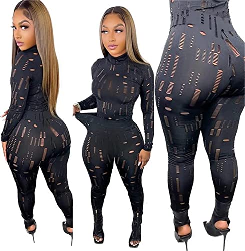 2 Piece Outfits Women,Black Stretchy Mesh Long Sleeve Blouse Bodycon Pants Set