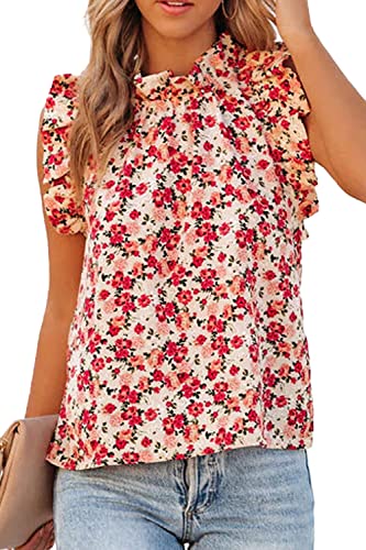 Allimy Women Summer Casual 2022 Sleeveless Chiffon Blouses Floral Loose Fit Tank Tops Red Medium