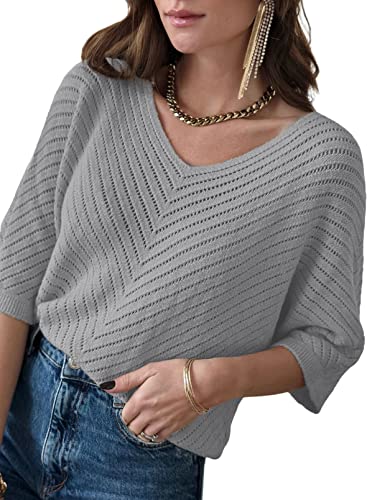 Dokotoo Womens Plus Size 3/4 Sleeve V Neck Loose Pullover Knit Sweaters for Women Fall Tunic Tops Jumper Knitted Casual Top Lightweight Summer Sweater 2023 Trendy Grey XX-Large