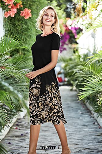 Women Spring Summer Teacher Outfit Hide Tummy Midi Casual Dress Floral Black XL