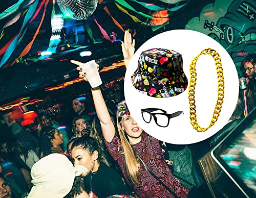 GCFIYPP 80s 90s Hip Hop Accessories Rapper Costume Reversible Bucket Hat Sunglasses Gold Plated Chain for Men Women (Black printing)