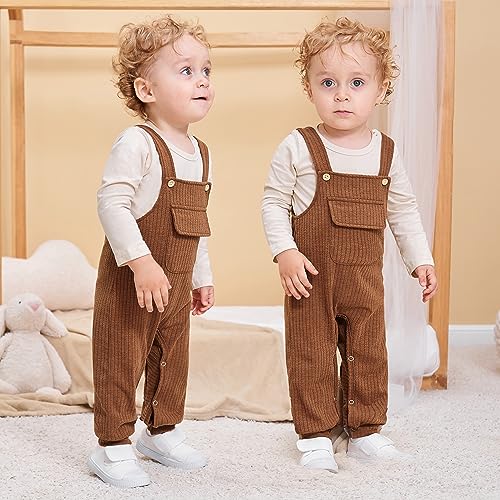 CARETOO Newborn Baby Boy Clothes,Infant Boy Romper Fall Winter Outfits Bodysuit 2Pcs Striped Long Sleeve Top Overalls 0-18M(Brown 6-12M)