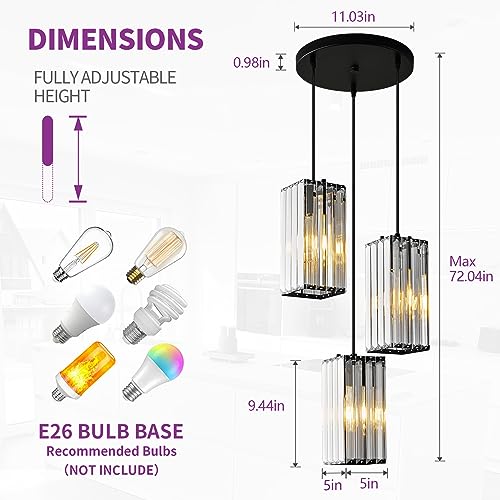 zhllmq Modern Pendant Light Black Rectangle Pendant Lighting Mini Crystal Chandeliers Adjustable Pendant Light Fixture for Kitchen Island Dinning Room Living Room Corridor Bedroom(Black 3-Light)