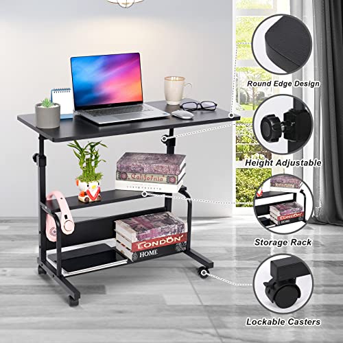 Portable Desk Small Desks for Small Spaces Laptop Table Black Rolling Adjustable Desk on Wheels Mobile Couch Desk for Bedroom Home Office Computer Standing Desk Student Desk with Storage 32x16 Inch