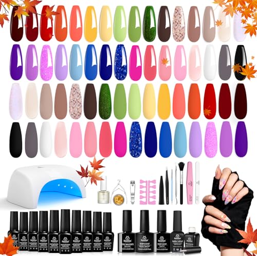 Beetles 52 Pcs Gel Nail Polish Kit with UV LED Light Starter Kit Soak Off 32 Colors Brownnails Glitter Fall Gel Polish Set with Base Top Coat 36W Nail Dryer Building Gel Blomming Gel Nail Art for DIY