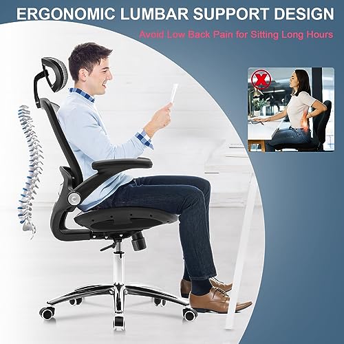 Ergonomic Mesh Office Chair - High Back Mesh Desk Chair with 2D Headrest, Flip-up Armrests, 135°Tilt Function, Comfort Wide Mesh Seat, Swivel Mesh Gaming Chair for Home 350LB