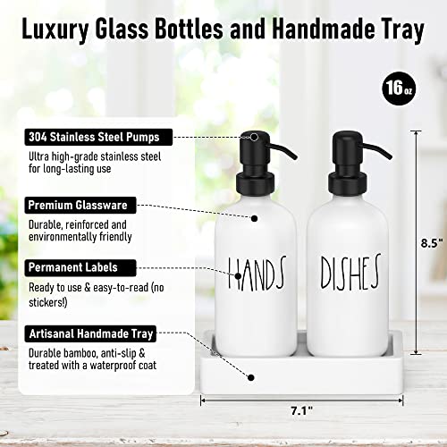 White Glass Kitchen Soap Dispenser Set with Tray by Brighter Barns - Hand and Dish Soap Dispenser for Kitchen Sink - Farmhouse Soap Dispenser Set - Modern Farmhouse Kitchen Decor, Home Decor (White)