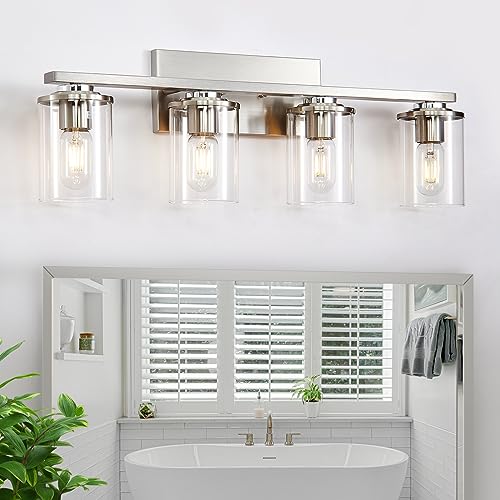 Doltoro 4-Light Bathroom Light Fixtures, Brushed Nickel Vanity Lights for Bathroom, Modern Bathroom Vanity Light with Clear Glass Shade, Brushed Nickel Bathroom Lights Over Mirror