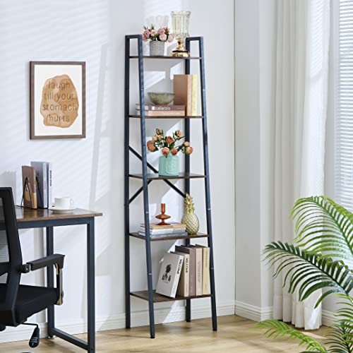 Hoctieon Industrial Ladder Bookshelf, Multifunctional Ladder Shelf, 5-Tier Tall Bookshelf, Open Ladder Shelf Bookcase, for Living Room, Home Office, Kitchen, Bedroom, Metal Frame, Rustic Brown