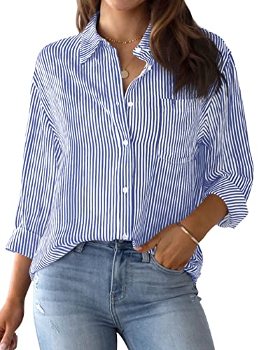 AISEW Womens Button Down Shirts Striped Classic Long Sleeve Collared Office Work Blouses Tops with Pocket (Blue, 7002XL)