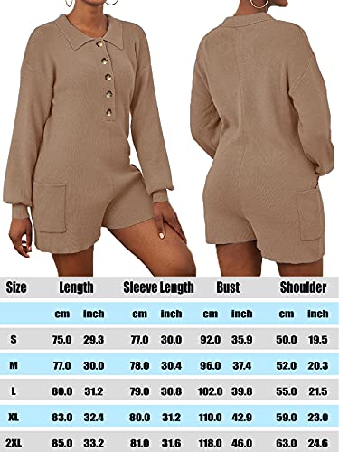 Tymidy Long Sleeve Jumpsuit for Women Knit Sweater Rompers Sexy Low Cut V Neck Button Down Fall Outfits Lounge Romper with Pockets