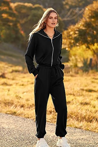 PRETTYGARDEN Women's 2 Piece Tracksuit Outfits Long Sleeve Zip Up Sweatshirt Drawstring Sweatpants Lounge Set (Black,Medium)