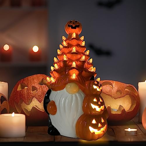 Ceramic Gnome Halloween Decorations, Orange Gnome Ceramic Tree Lighted, Light up Pumpkin Gnome Table Decor, Black Decor Bedroom Indoor, Halloween Centerpieces for Tables Gnome