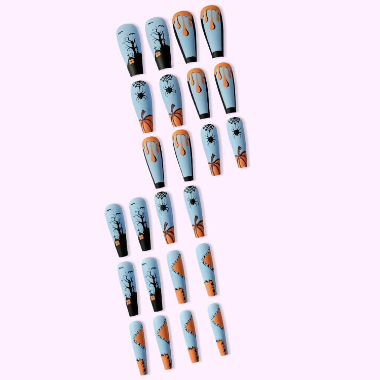 diduikalor Halloween Extra Long Press on Nails Coffin Glue on Nails Nude Blue Fake Nails Spider Web Pumpkin Scary Ghost Haunted House Designs Stick on Nails Acrylic False Nails for Women 24Pcs