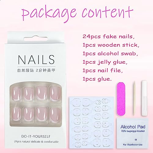 24Pcs Pink Press on Nails Short Fake Nails French Tip False Nails Glossy Artificial Acrylic Full Cover Glue on Nails Square Stick on Nails for Summer Women Girls Manicure Art（White）