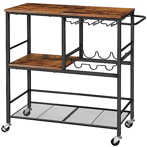 HOOBRO Bar Cart for The Home, 29.5 inches 3-Tier Serving Cart with Wheels, Rolling Kitchen Cart with Wine Rack and Glass Holder for Living Room, Party, Bar, Rustic Brown and Black BF21TC01