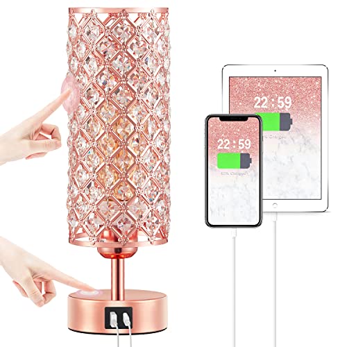 Hong-in Crystal Table Lamp, Rose Gold Lamp with USB C+A Ports, 3 Way Dimmable Light with Crystal Lampshade, Bedside Lamp Small Touch Light for Living Room Bedroom Home, Charge Phone (Bulb Included)