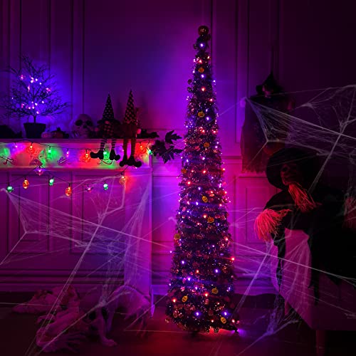 [ Orange & Purple Lights ] 5 Ft Halloween Black Tree Timer DIY 50 Lights Battery Operated Pumpkin Top Sequin Tinsel Artificial Pop Up Pencil Scary Halloween Decoration Home Indoor Outdoor