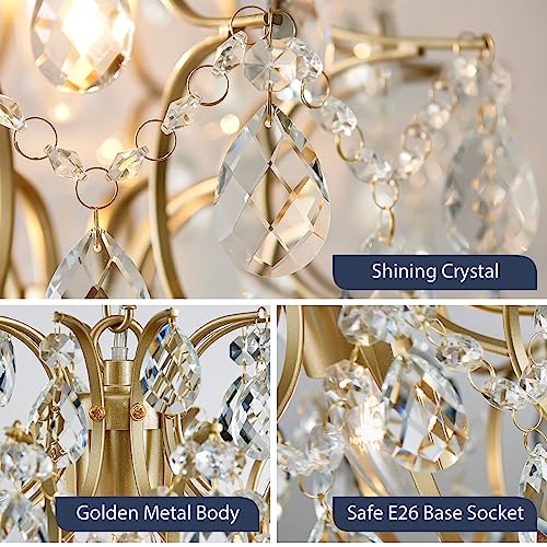 Bestier Gold Modern Pendant Chandelier Crystal Raindrop Lighting Ceiling Light Fixture Lamp for Dining Room Bathroom Bedroom Livingroom entryway 1 E26 Bulbs Required D13 in x H16 in