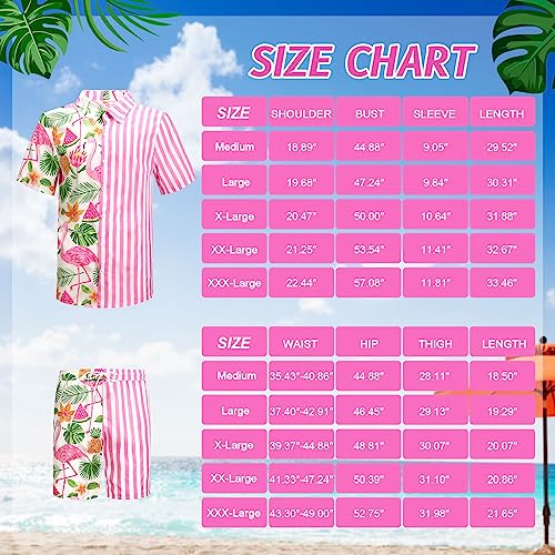 4Pcs Men's Hawaiian Shirt and Short Set Casual Button Down Summer Beach Flower Outfits with Bucket Hats and Sunglasses (Flamingo, M Size)