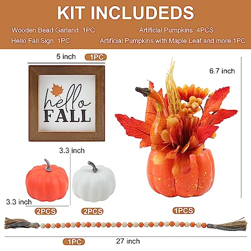 Fall Decor-Fall Decorations for Home-Artificial Pumpkin with Maple Leaf,Berry and Wheat & 4 Artificial Pumpkins,Wooden Sign & Bead Garland-Farmhouse Rustic Tiered Tray Decor for Autumn Decoration