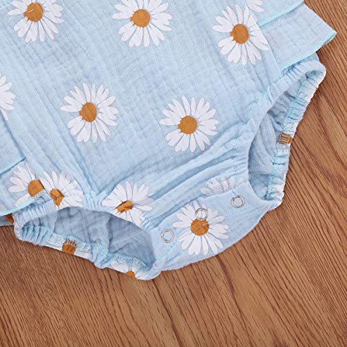 Baby Girls Daisy Playsuits Ruffled Bodysuit+Headband Print Fly Sleeve Romper Floral Jumpsuit Infant Summer Clothes (Blue,6-12 Months)