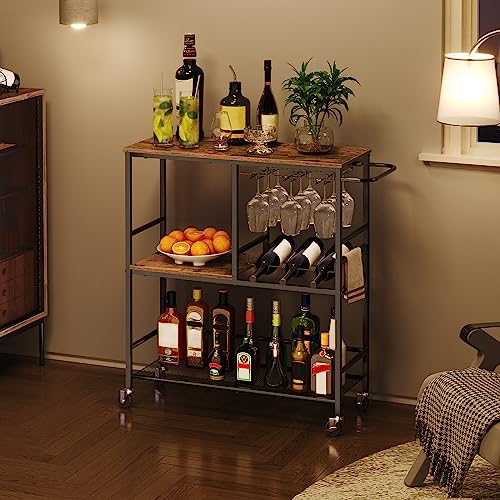 HOOBRO Bar Cart for The Home, 29.5 inches 3-Tier Serving Cart with Wheels, Rolling Kitchen Cart with Wine Rack and Glass Holder for Living Room, Party, Bar, Rustic Brown and Black BF21TC01