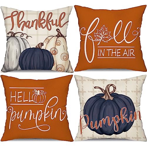 DFXSZ Fall Pillow Covers 18x18 inch Set of 4 Buffalo Plaid Fall Blue Pumpkin Throw Pillow Cover Autumn Thanksgiving Decoration for Home Couch Bed