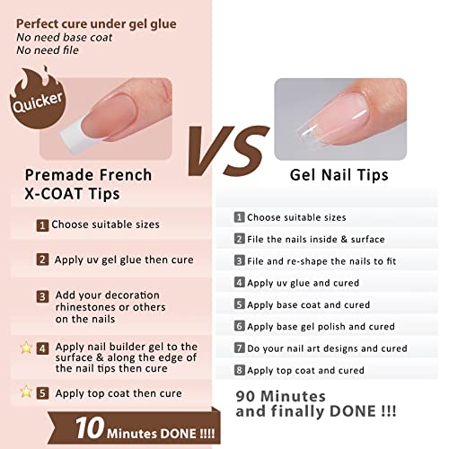 BTArtboxnails French Tip Gel Nail Tips Long Square, 300pcs Brown Soft Gel Nail Tips, Unltra Fit French Tip Press On Nails 15 Sizes, No Need to File 3 in 1 X Coat Tips with Pre-applied Tip Primer & Base Coat Cover, Soak Off French Tip Gel Nails Press On fo