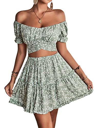 LYANER Women's 2 Piece Outfits Floral Off Shoulder Tie Up Crop Top and Mini Skirt Set Green Large