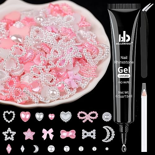 1200Pcs 3D Multi Shapes Nail Charms and Flatback Pearls, White&Pink Mix styles Heart Star Bow Sunflower Embellishments for Nail Art, Craft and Decoration with Glue Gel, Tweezer and Pickup Pencil